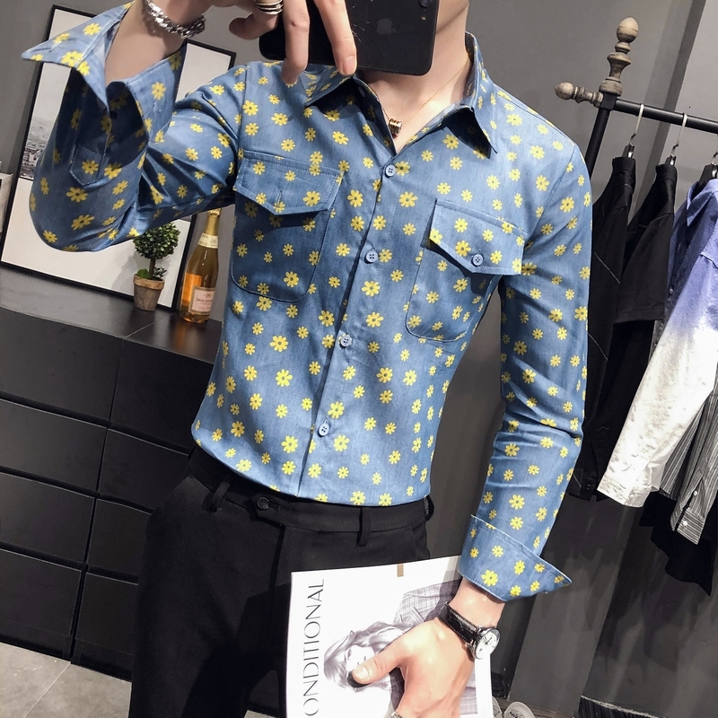 

2021 New 5xl-s Mais Tamanho Jovens Camisas Florais De Manga Longa Frente Bolsos Duplos Magro Ajuste Casual Blusa Homme Streetwear Azul Venda, Blue