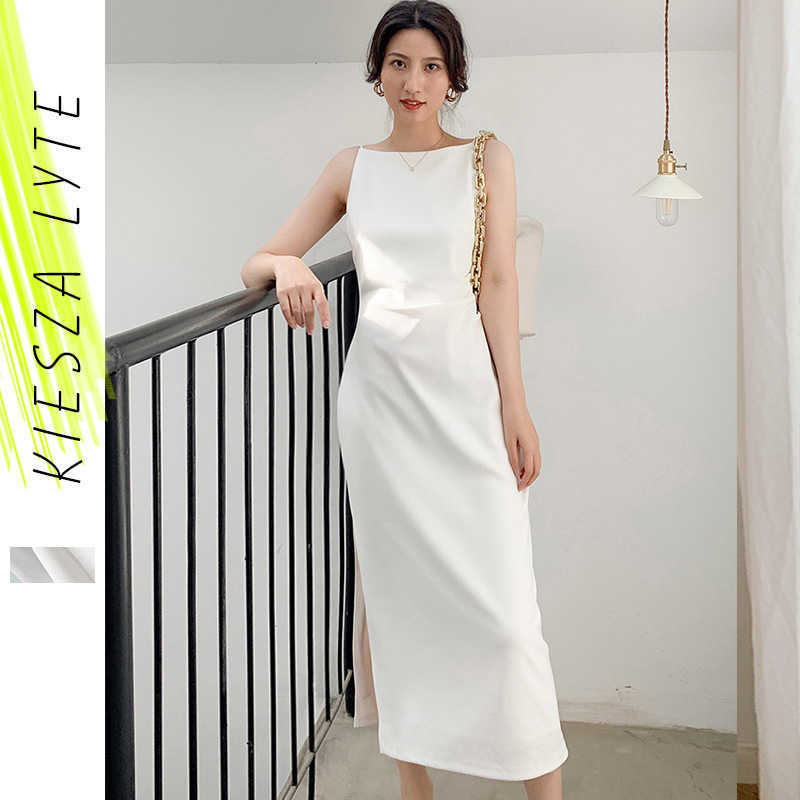 

White Dress Sexy Bodycon Solid Office Lady Summer Style French Midi Slit Slim Evening Dresses Female Vestido De Mujer 210608