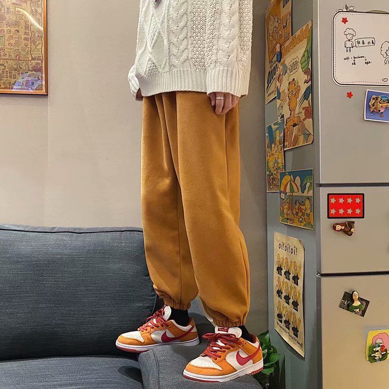 

2021 New Autumn Winter Polar Fleece Men's Warmth Fashion Retro Casual Pants Men Streetwear Straight Trousers Mens 4n4i, Black