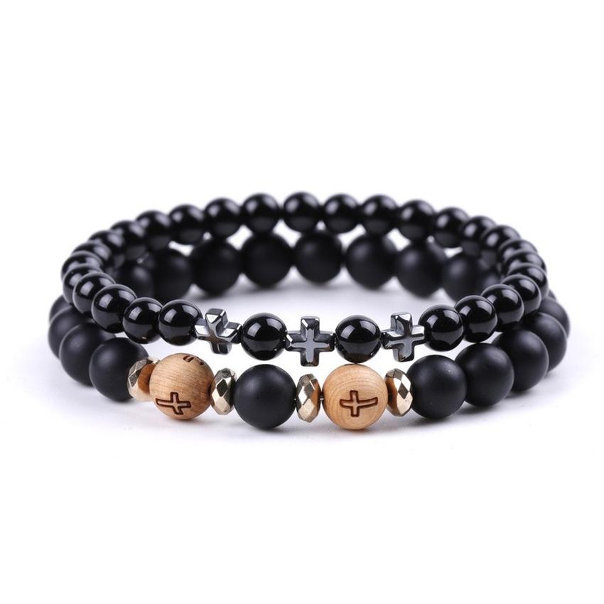 

Cross Wooden Beads Bracelet Fashion Black Agate Bracelets bangle cuff for women men fashion jewelry