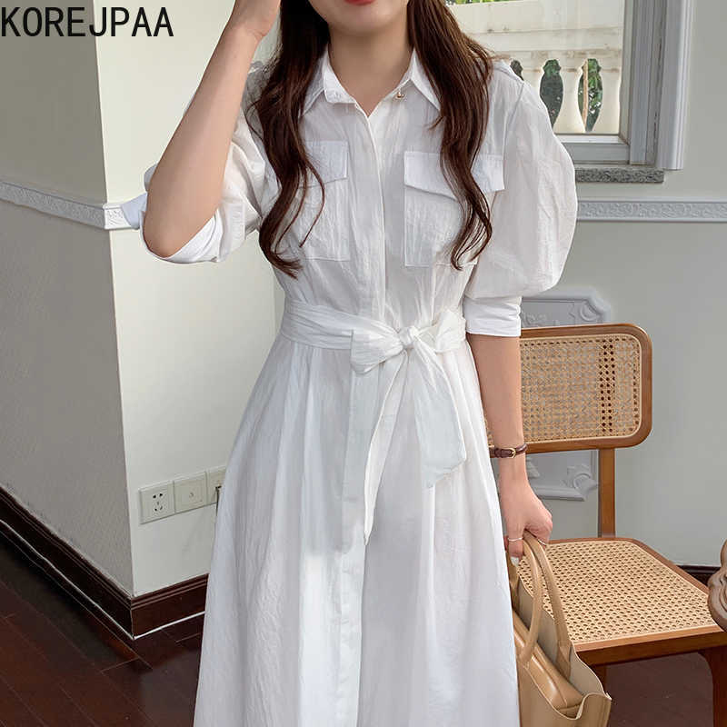 

Korejpaa Women Dress Summer Korean Chic Gentle Lapel Single-Breasted Lace-Up Waist Pocket Casual Puff Sleeve Shirt Vestidos 210526, White