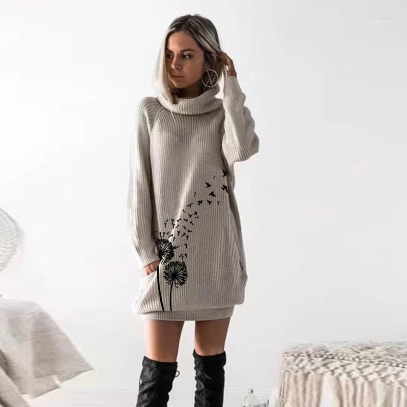 

Casual Dresses Fall Winter Women High Neck Knitted Long Sleeve Printed Dress Narrow Hem Slim Sweater Jumper Tops