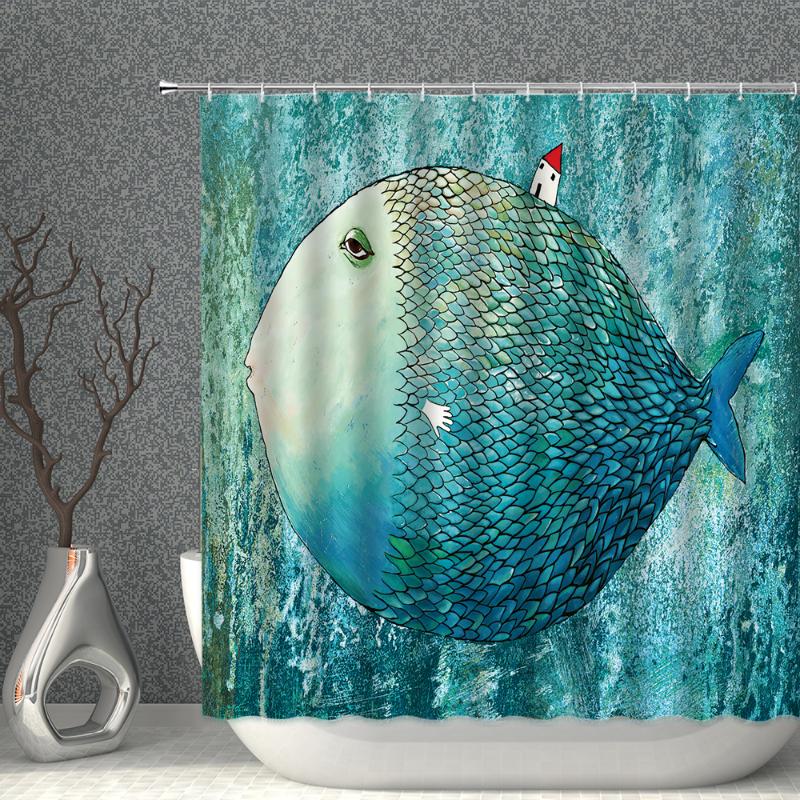 

Shower Curtains Cartoon Fish Curtain Set Boho Seahorse Shell Ocean Waterproof Fabric Bathroom Blue Bath Screen Bathtub Decor