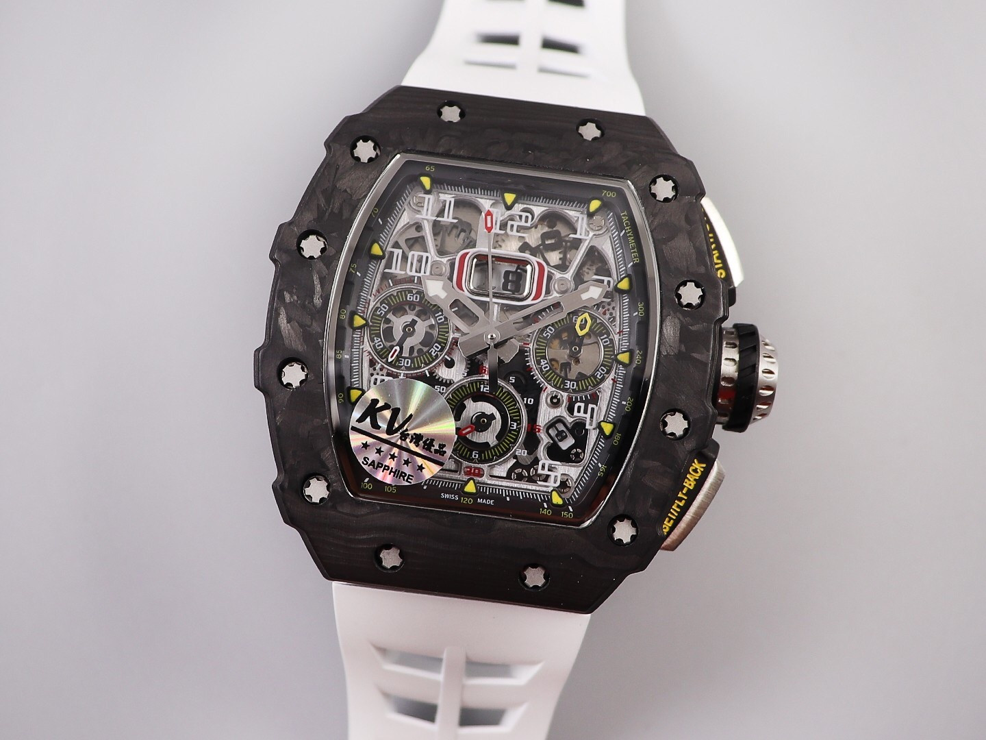 

KV new F1 sports car design wrist watch size 50x40mMRM011-03 top carbon fiber case equipped with 7750 calendar timing flying back/reverse ju, Slivery;brown