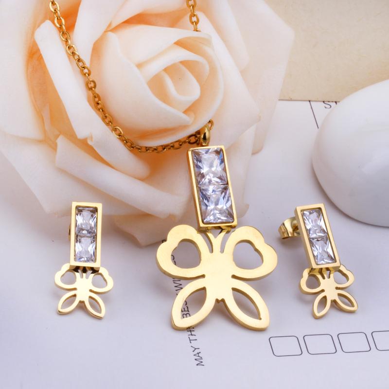 

Earrings & Necklace LUXUKISSKIDS Women Jewelry Sets Trend Stainless Steel Cubic Crystal Luck Drop Butterfly Fashion Ladies, As pic