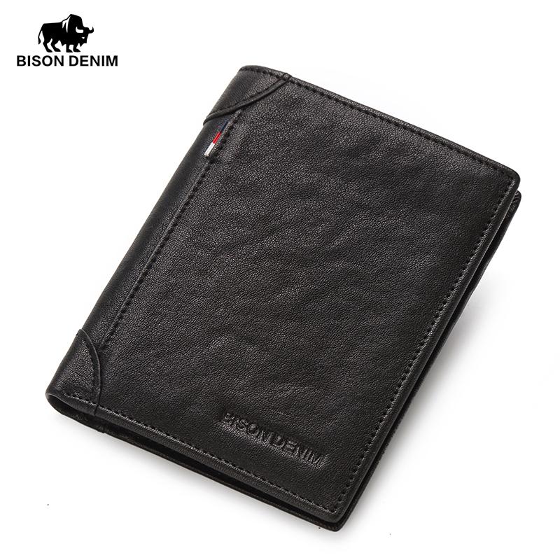 

BISON DENIM Fashion Luxury Genuine Leather Men Wallets Slim Business Male Small Pocket Purse Wallet Card Holder, Black