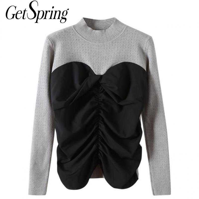 

Getspring Women Sweater Chiffon Patchwork Vintage Knitting Color Matching Black White Gray Sexy Top 210601