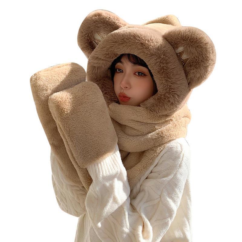 

Berets 3 Piece Little Bear Hat Glove Scarf Set Cute Girl Versatile Autumn Winter Cashmere Warm Gloves Bib Three, 01