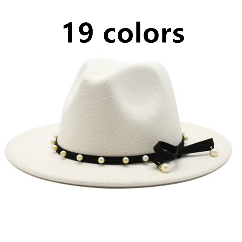 

2021 New Felt Large Brim Solid Belt Pearl Bowknot Elegant Autumn Winter Women Men Wedding Fascinator White Pink Fedora Hats 541z, Light grey
