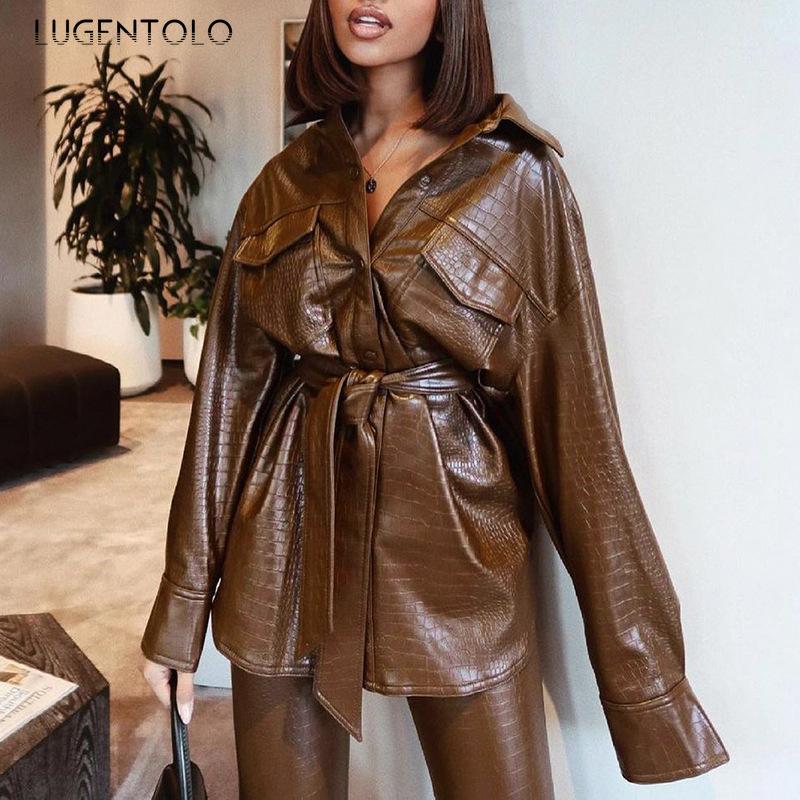 

Women's Leather & Faux Fashion Women PU Lapel Brown Long Sleeve Autumn Single-breasted Female Trend Animal Pattern Coats Lugentolo, Black