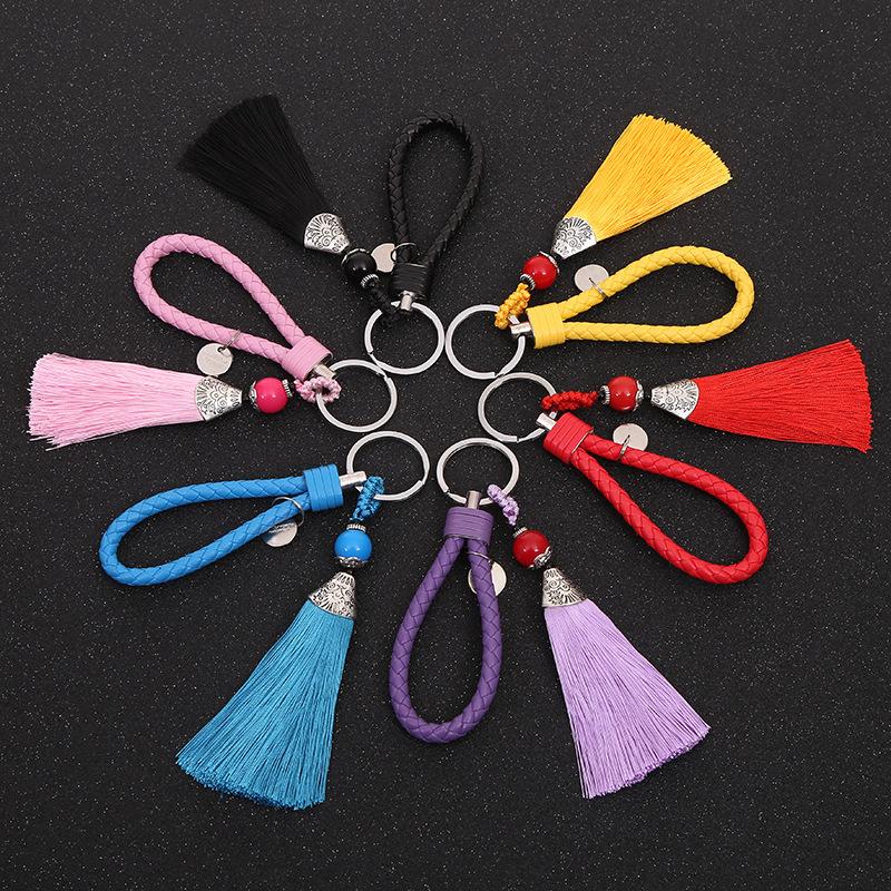 

Keychains 2021 Handmade Braided PU Leather Tassel Fringes Metal Key Chain Holder Keyring Auto Car Ring Bag Accessory