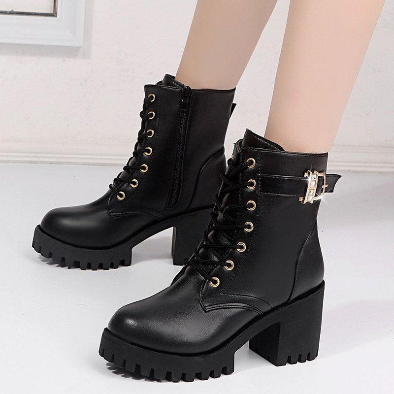 

2021 New Fashion Crystal Buckle Square Heels Ankle Women High Motorcycle Boots Woman Pu Leather Warm Winter Shoes Mn25, Wineredsingle