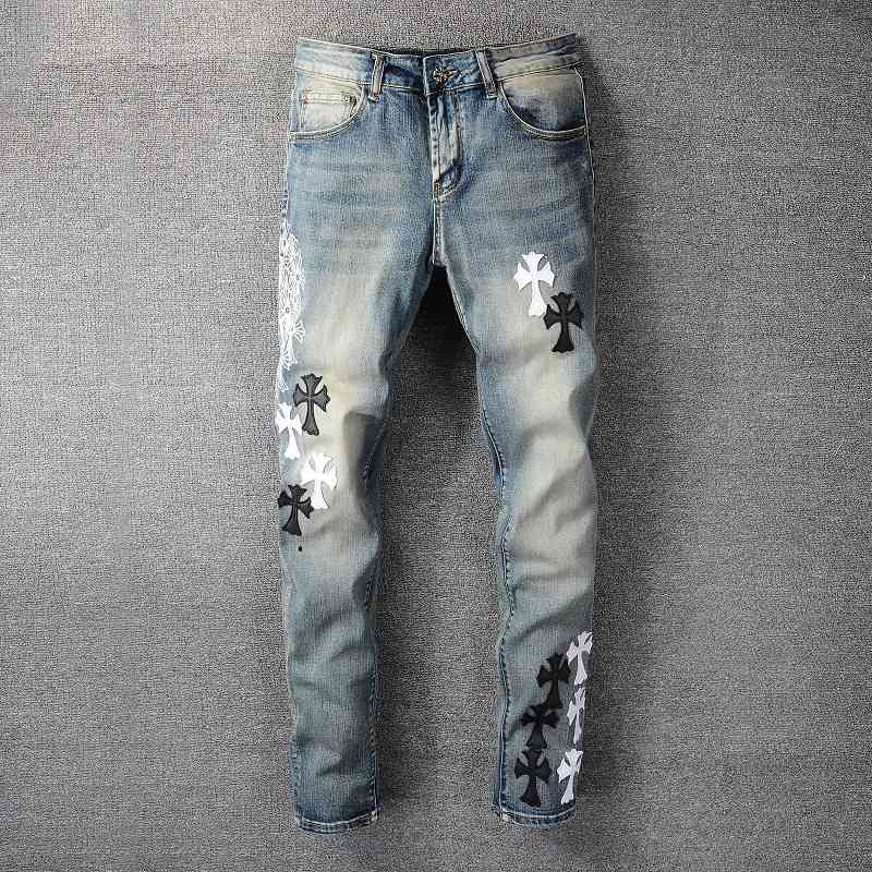 

723 brand new personalized embroidery crosin cross print slim fitting small leg jeans men's fashion, Indigo