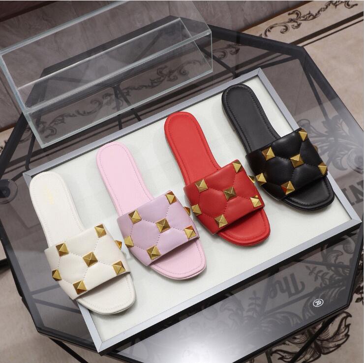 

In Stock Luxury Designer Brand 2021 New Hot Designer Women Fashion Metal Rivet Leather Flip Flop Roman Slippers Gladiator Sandal, Black