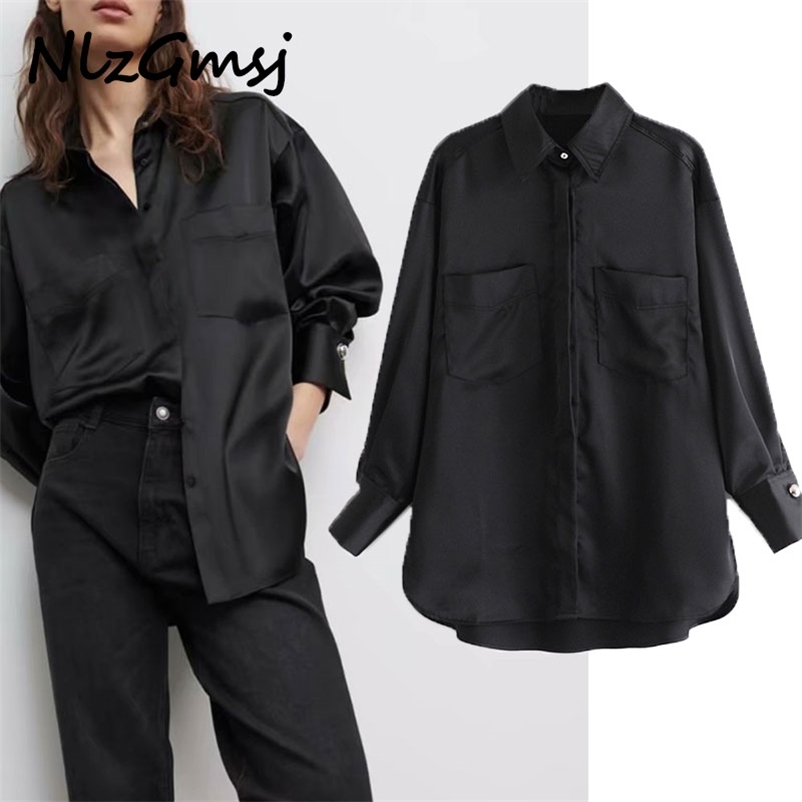 

Blouse Women Black Satin Oversized Long Shirt Pocket Button Up Sleeve Woman Chic Casual 210628, As picture