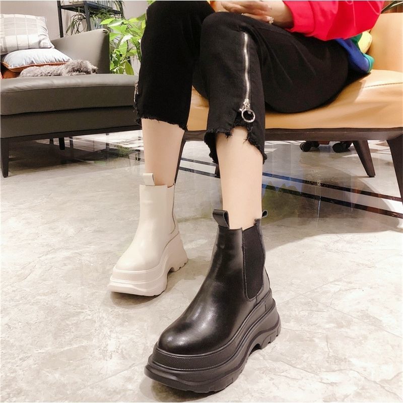 

Spring Carved Genuine Leather Womens Boots Womens Shoes Chelsea Boots Preppy Style Heels Slip-on Round Toe Botas Mujer, White