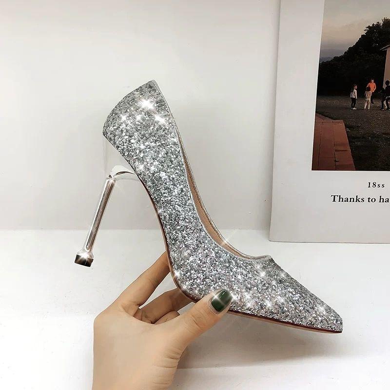 

Dress Shoes Women 2021 Heel High Sequin Women's Chaussure Femme Zapatos Mujer, Black 1cm