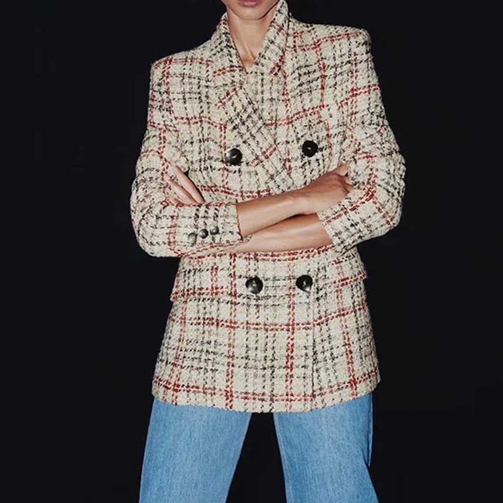 

ZA Women Fashion Double Breasted Tweed Check Blazers Coat Vintage Long Sleeve Pockets Female Outerwear Chic Tops 210604, As picture