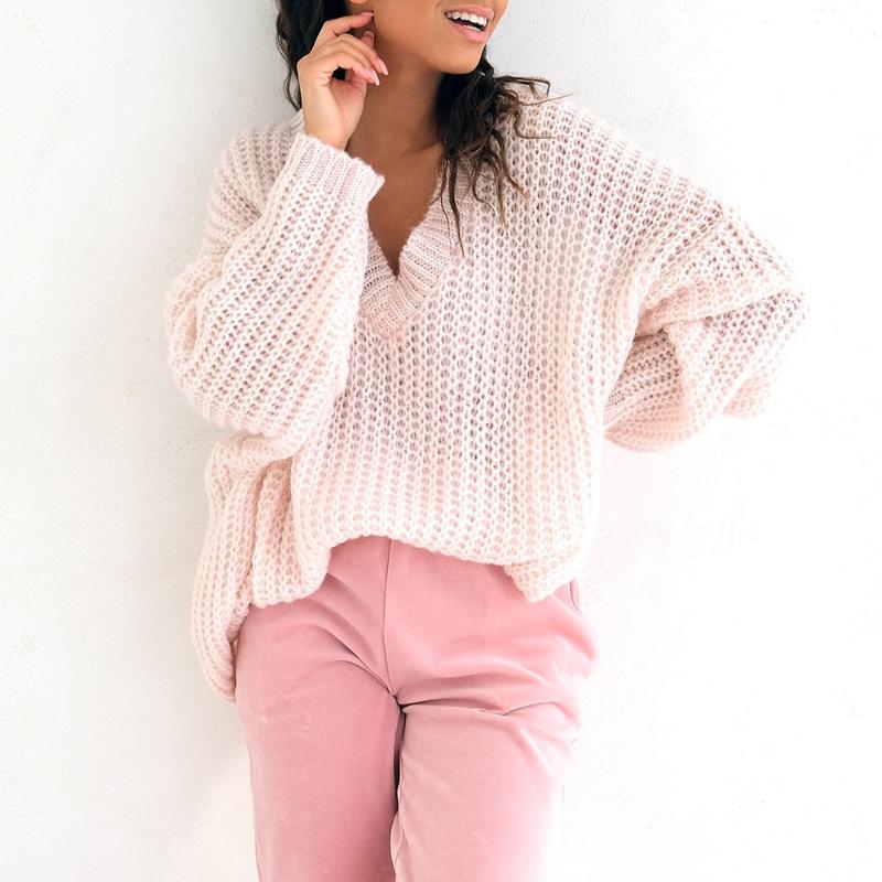 

Women's Sweaters Pink Casual Women Sweater Pullovers Knitted Autumn Winter LadiesV-NeckFull Sleeve Jumper Oversize