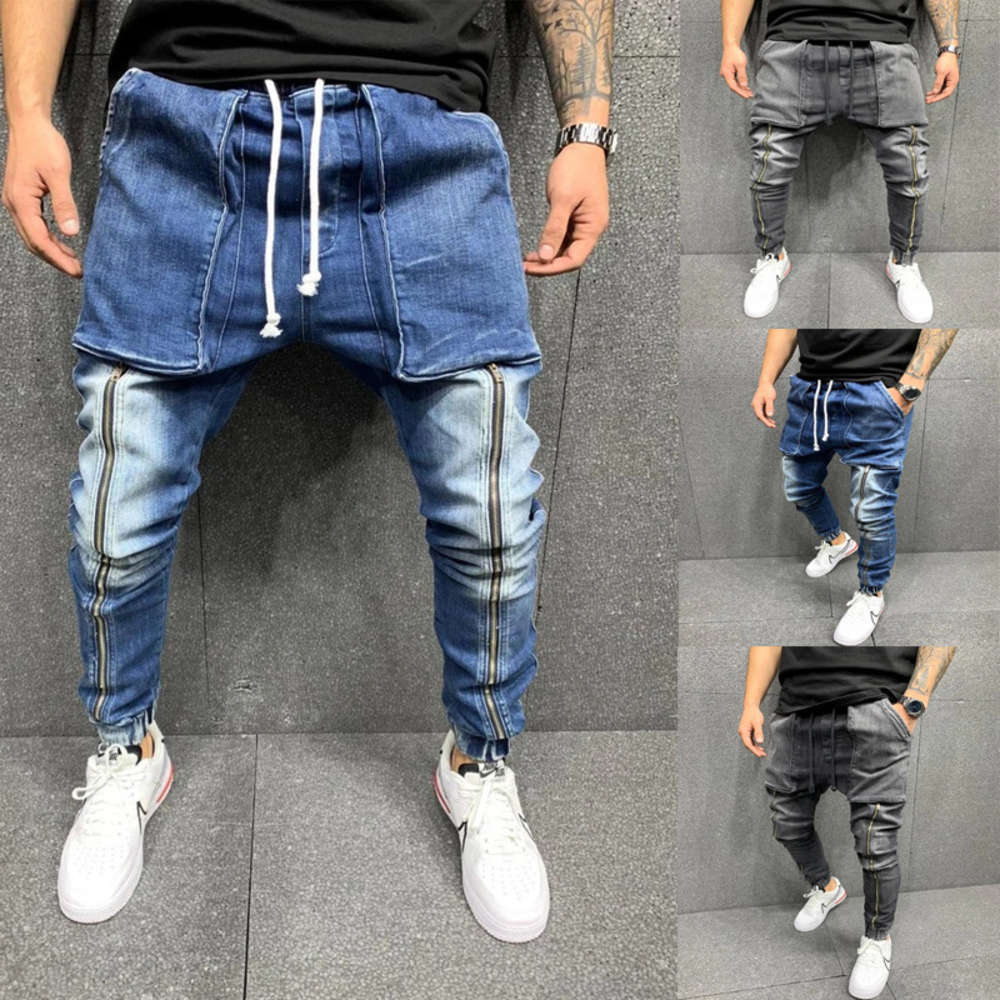 

Autumn and winter 2021 new denim fabric leisure sports big pocket pants legged jeans men's, Blue