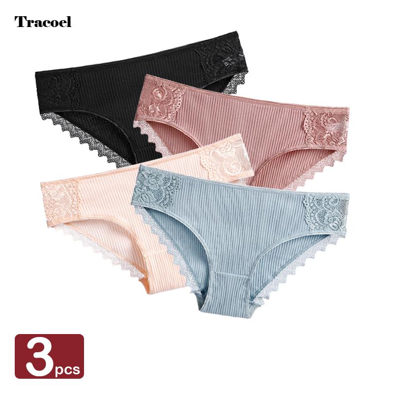 

Women's Panties Tracoel 3Pcs/Pack Pure Cotton For Women Lace Panty Soft Underwear Female Briefs M-XXL Drop Ladies Underpants, Black dpink white