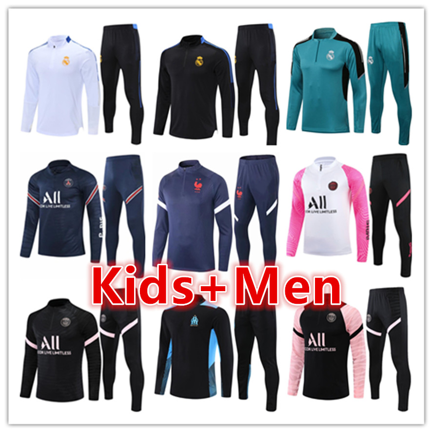 

real madrid Men + kids football tracksuits training suit sets 2021 2022 psg; messi soccer tracksuit set jacket jogging kit survetement foot chandal futbol tuta
