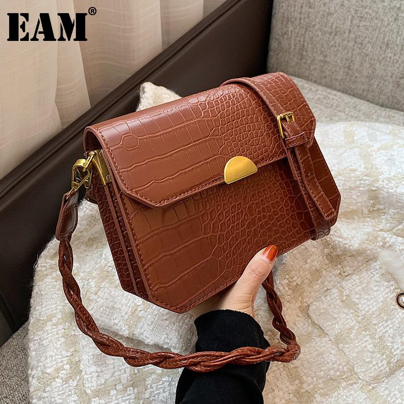 

[EAM] Women New Crocodile Pattern Square PU Leather Flap Personality All-match Crossbody Shoulder Bag Fashion Tide 2021 18A1982, Large coffee