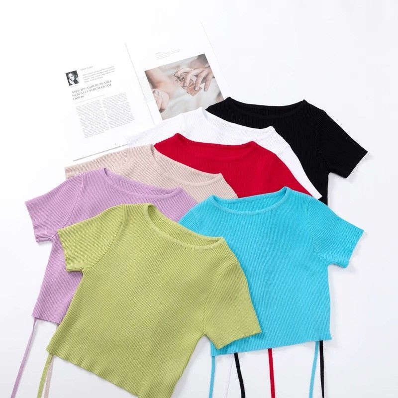 

t shirt 2021 summer fashion pullover round neck short sleeve waist tie rope knitted, White