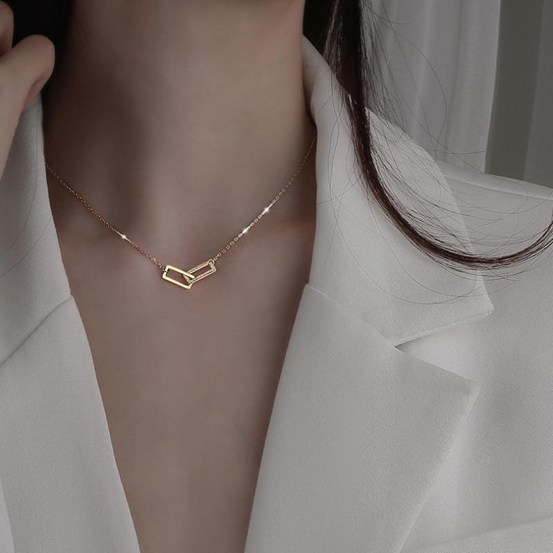 

Pendant Necklaces Double Square Necklace Shiny Zircon Zirconia Lady Fashion Jewelry Cute Accessory Girl Birthday Gift
