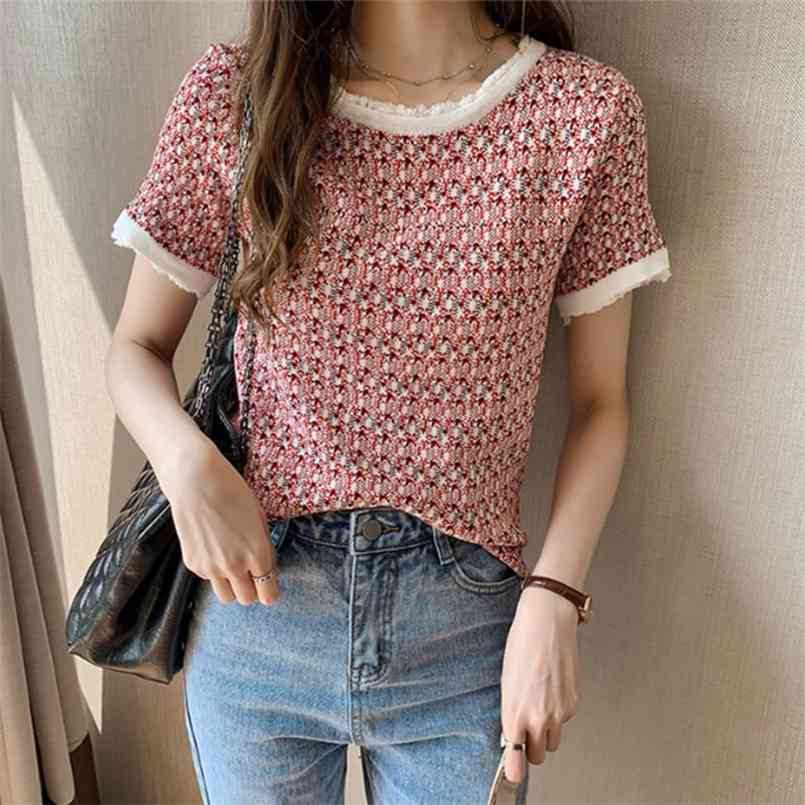 

Vintage Tassel Elegant Knitted T-shirt Short Sleeve O-neck T Shirt Sweet Ladies Summer Korean Fashion Female Tops 210708, Multi