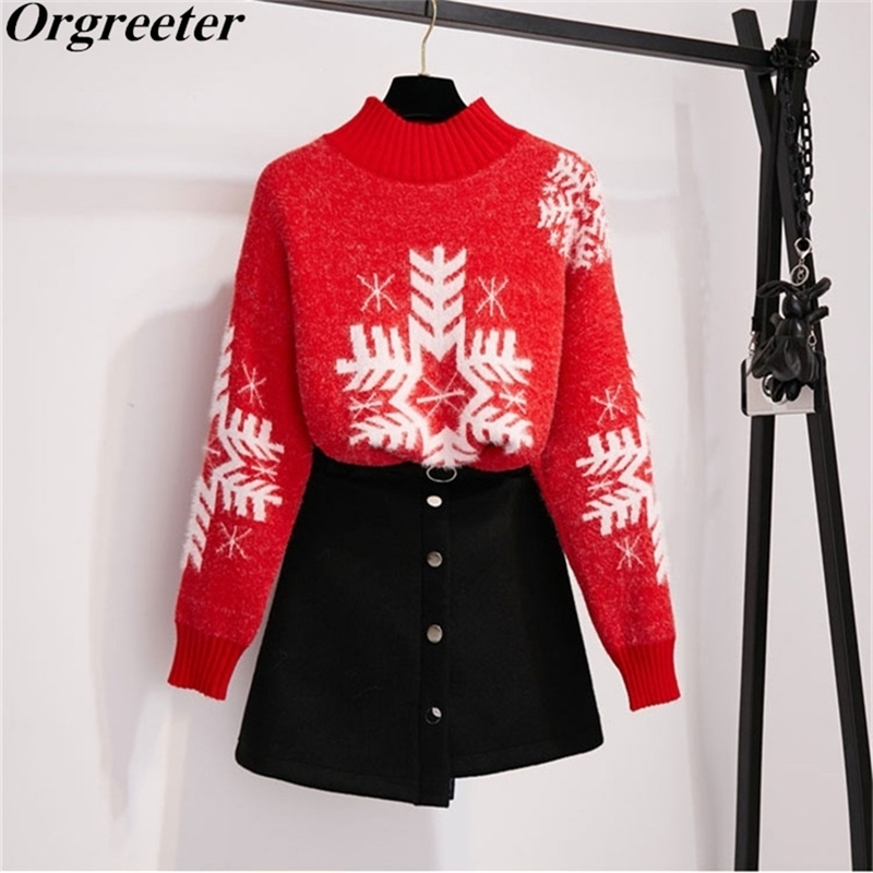 

Christmas Half Turtleneck Long-sleeved Snowflake Warm Sweater Two piece Single-breasted Irregular Mini Skirt Sets Women 210602, Only skirt