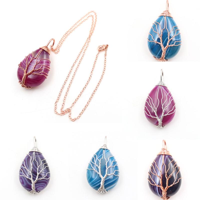 

Pendant Necklaces YJXP Lucky Transfer Water Drop Shape Natural Onyx Stone Wire Wrapped Tree Of Life Reiki Amulet Charms Jewelry