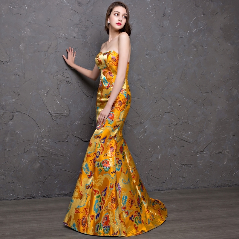 

2021 New Gorgeous Style Mermaid Strpless Long Evening Es Gold/red Prom Party Gowns Print Pattern Vestido De Festa 95i6
