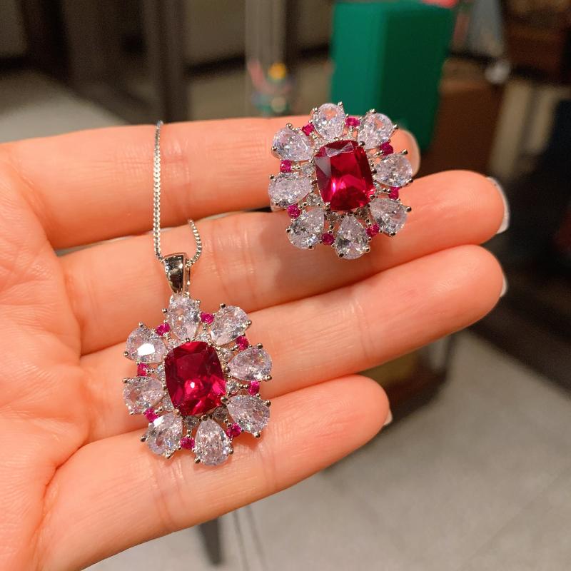 

Earrings & Necklace EYIKA Gorgeous Sparkling Ruby High Carbon Diamond Flower Pendant For Women Wedding Engagement Party Fine Jewelry Set, Silver