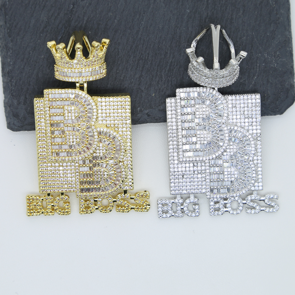 

Big Boss Letter Crown Pendant Initial Necklace with Rope Chain Iced Out Bling 5A Cubic Zircon Hip Hop Men Boy Jewelry Wholesale