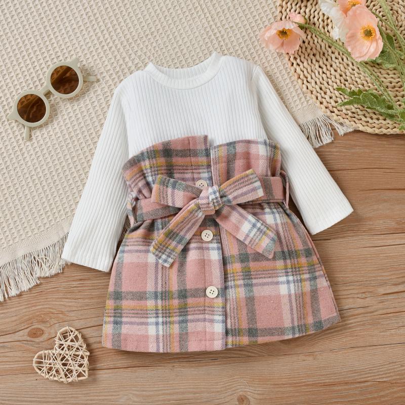 

Girl's Dresses Baby Girl Long Sleeves Fake Two Piece Design Stitching Pink Plaid Clothes Girls Spring Autumn Clothing, Red;yellow