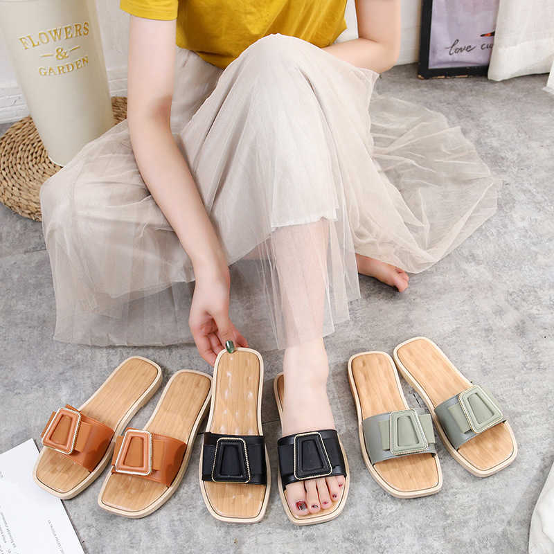 

New Women Bowknot Slippers Female Buckle Flat Heel Sandals Ladies Wood Grain Korean Style Slides Anti-slip Soft Bottom Shoes H0827, Olive-green