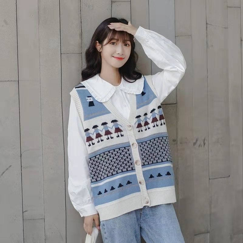

Spring Autumn Fashion Womens Cardigans Vest Sweet Cartoon Pattern Single Breasted Design Preppy Style Korean Ladies Vest Loose, White