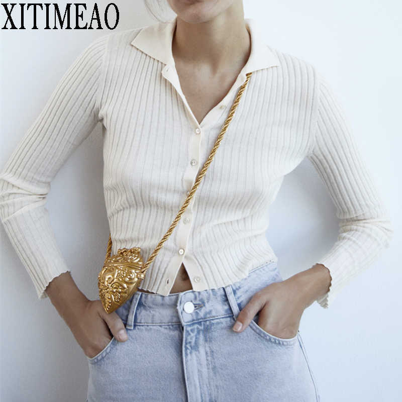 

ZA Korean Style Lapel sweater Short Knitted Sweaters Women Thin Cardigan Fashion Long Sleeve Chic Top 210602, Apricot