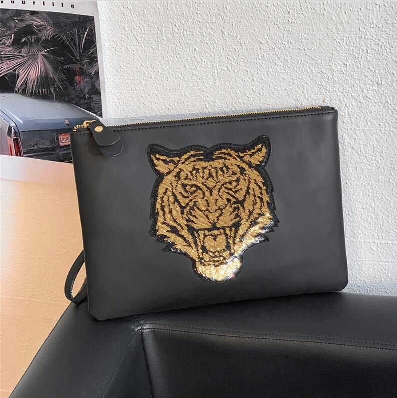 

Factory wholesale men bag street fashion cartoon embroidery clutch embroidered mens messenger handbag sequined leather envelope handbags, Black2