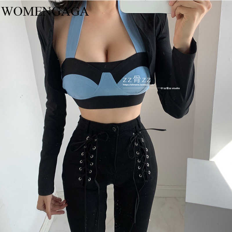 

WOMENGAGA Fashion Sexy Low Chest Hanging Neck Matching Bottom Tank + Temperament Long Sleeve T Shrit Suit K85X 210603, Black blue