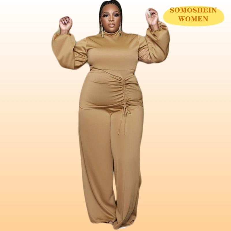 

Plus Size Tracksuits Somoshein Women's Clothing 4XL Two Piece Set Wide Leg Pants Matching Sets Turtleneck Fashion Drawstring Casual Outfit, Black