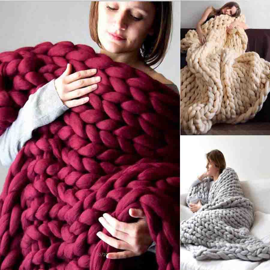 

chunky wool blanket thick large yarn roving knitted winter warm throw sofa bed blankets