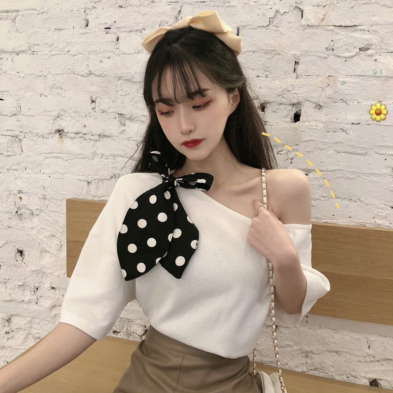 

2021 New Summer Cute Sweat Bow Tshirts Cotton Women White Tee Off Shoulder Sexy Tops Female Casual Short Sleeve Shirts 99fo, Black