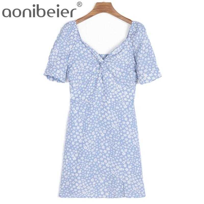 

Floral Print Summer A-Line Dresses Puff Sleeve Shirred Back Women Mini Knot Front Deep V Side Split Casual 210604, 01