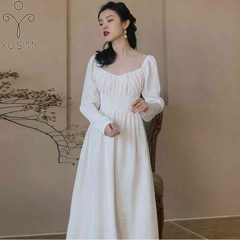 

YOSIMI White Long Women Dress Summer Vintage Sleeve A-line Mid-calf Square Neck Puff Empire Party Elegant 210604
