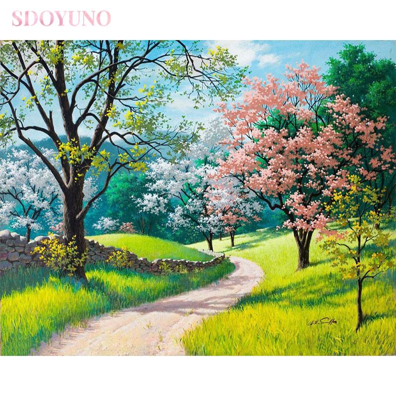 

Paintings SDOYUNO DIY Painting By Number Kit For Adults Frame Oil Cherry Blossoms Landscape Art HandPainted Home Decor Gift Canvas Drawing