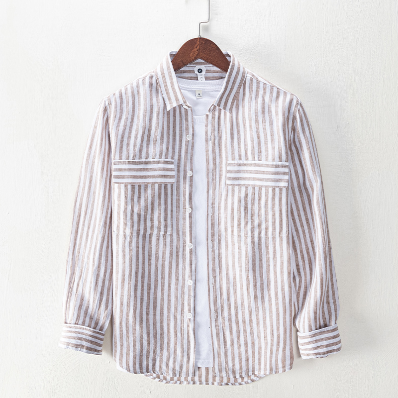 

2021 Spring and Summer Neat Striped Linen Male Casual Make Comfortable Shirts for Men in the Breathable Fashion Men's Shirt Chemise Tops W9y, Coffee