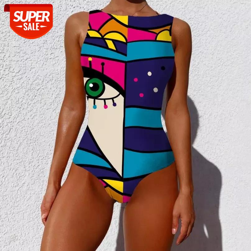 

2021 New Women's Abstract pattern Print One-Piece Suits Monokini Beachwear Swimsuits Summer Sexy Ladies Backless Beach Swimwear #wk7O, White;black