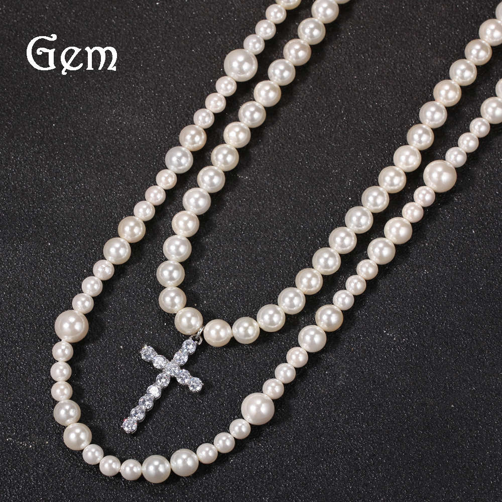 

Double pearl necklace set with 8-10mm mixed beads and cross hip hop Necklace